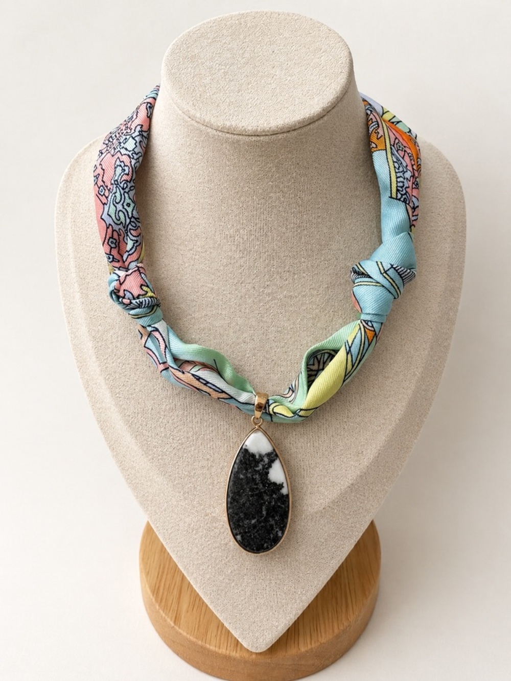 Multicolor Scarf Necklace with Black & White Teardrop Jade Pendant